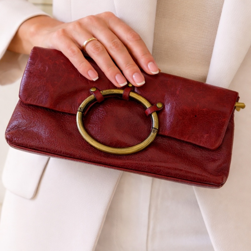 Women's Red Leather Mini Clutch with Brass Ring Detail